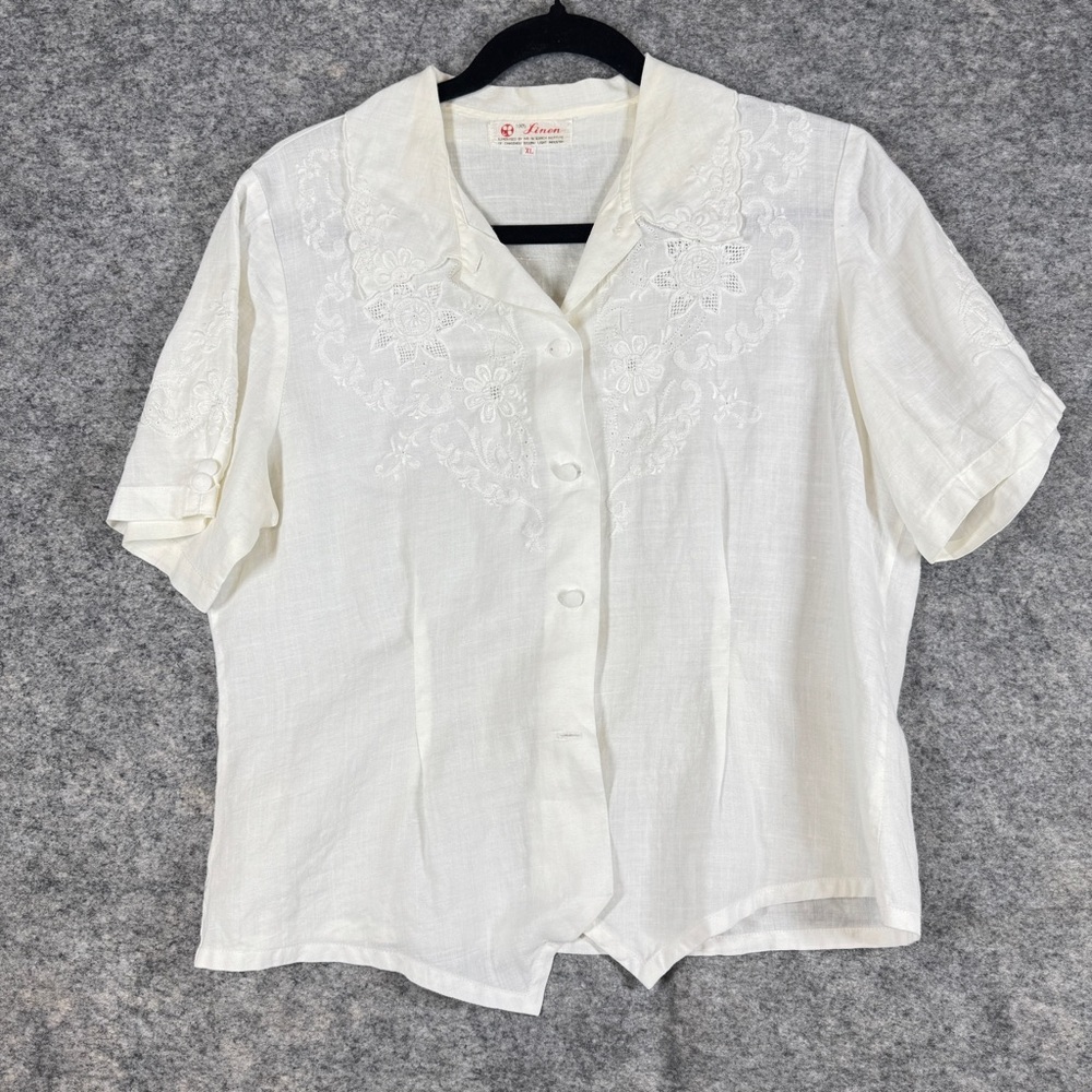 Vintage Ivory Linen Embroidered Button Blouse XL Short Sleeve Summer Cottagecore - Picture 2 of 16